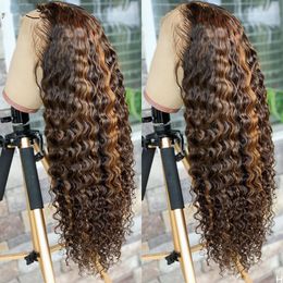 Highlight Human Hair Lace Front Wigs Deep Wave Ombre Coloured Glueless Pre Plucked hd Transparent Curly Water Laces Wig Honey Blonde Real hairs 150%density