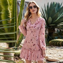 Spring V-Neck Pink Solid Printing Ruffles Sheath Casual Women's Dress 210524