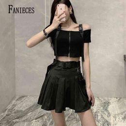 Two Sets Lace Up Skirts Sexy Club Short Tops And Mini Lady Beach Skirt Summer Women black Bandages Streetwear Faldas Mujer 210520