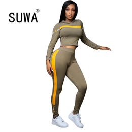 Striped Letter Classic Fashion Women Sets Long Sleeve Pullover Retro Top + Baggy Pants Sweatpants Fall Winter 2 Pieces Outfits 210525
