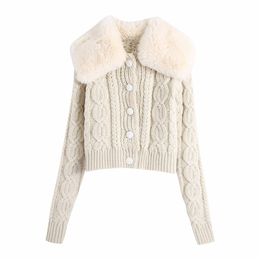 Elegant Women Fake Fur Collar Sweater Fashion Ladies Button Vintage Female Twist Girls Chic Vestidos 210427