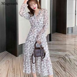 Korean Pritn Long Chiffon Dress Women Elegant Robe Spring V Neck Lace Up Maxi Woman Party A-line Female es 13722 210512