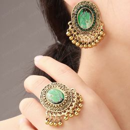 Ethnic Green Indian Earring/Ring Jewellery Set Bijoux Gold Alloy Wedding Jewellery Hangers Bohemia Jhumka Earrings