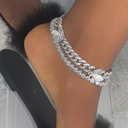 INS Fashion 12mm Iced Out Cuban Link Chain Anklets for Women Crystal Butterfly Charm Chunky Anklet Summer Beach Barefoot Jewelry
