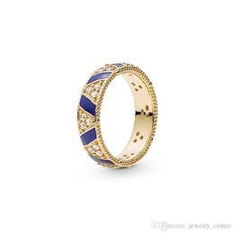 Genuine NEW 18K yellow gold plated Ring sets Original Box for Pandora 925 silver Blue Stripes & Stones Ring Women Mens Gift Jewellery RING