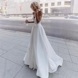 Satin A Line Wedding Dresses Beach Spaghetti Straps V Neck Bride Gowns 2022 Abito Da Sposa Backless Vestido De Noiva Mariage