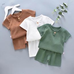 Clothing Sets Baby Boy Girl Outfit Suit Cotton Linen Children Clothes Set Toddler Kids Solid Casual Tshirt Shorts 2Pcs Summer