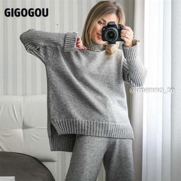 GIGOGOU Cashmere Woman Sweater Tracksuits Wide Leg Pants Set Woman 2 Pieces Warm Clothing Sets Knitted Straight Pants Suits Top 211126