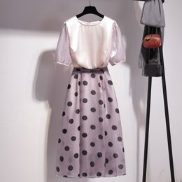 Summer Women 2 Pieces Sets Elegant Fashion O-Neck Puff Sleeve T-Shirt + High Waist Polka Dot Pleated Skirts Suit 210518