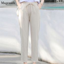 Outono Algodão Linho Harem Calças Mulheres Casual Harajuku Cintura Alta Calças Slim para Fit Fit S 10067 210512