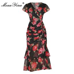 Fashion Designer dress Summer Women's Dress V Neck Cascading Ruffle Ruched Rose Floral Print package hip Dresses 210524
