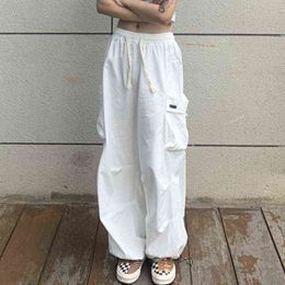 QWEEK Korean Style Streetwear White Cargo Pants Women Hippie Oversize Pockets Black Jogging Loose Wide Leg Trousers For Female 211124