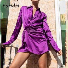 Foridol Shirred Satin Shirt Dress Women Long Sleeve Ladies Short Party Purple Dress Button Up Spring Autumn Ladies Dress 210415