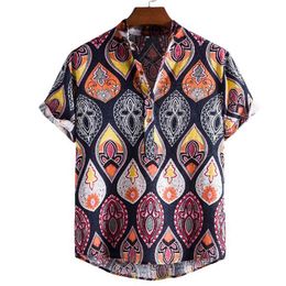 Floral Print Mens Shirt Short Sleeve Shirts Men Loose Casual Hawaiian Camisas Stand Collar Ethnic Style Chemise Homme 210524