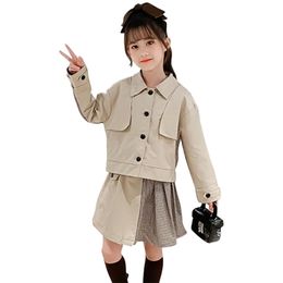 Girls Clothes Patchwork Jacket + Skirtt Costume For Plaid Pattern Girl Outfit Casual Children's Clothing 210528