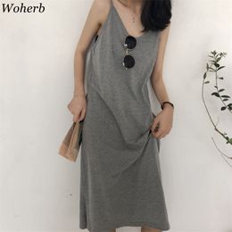 Dress Casual Grey Black Sleeveless Tank es Female Summer Korean Loose Mid-length Tunic Split Vest Knit 210519