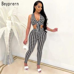 Beyprern New Chic Houndstooth Printed Tied Front Matching Pant Set Two-Piece Suits Vintage Skinny Club Wear Workout Overalls Y0625
