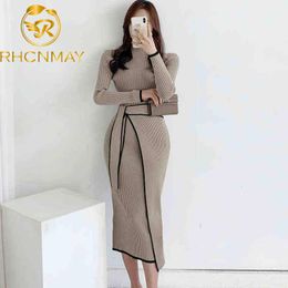 Woman Dress With Belt Vintage Patchwork Slim Knitted Midi Dresses Women Autumn Winter Elegant Sweater Knit Dress 2021 Vestidos Y1204