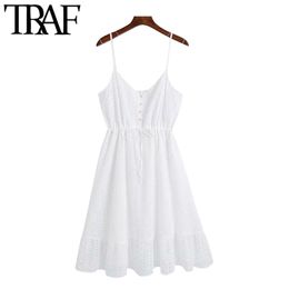 Women Chic Fashion Hollow Out Embroidery Mini Dress Vintage Backless With Lining Thin Straps Female Dresses Mujer 210507