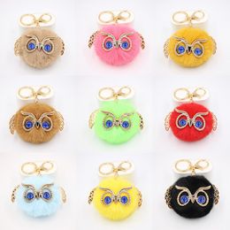 Cute Cartoon Owl Fluffy Rabbit Fur Plush Ball Pom Pom Pendant Key Chain Women Bag Car Trinket Animal Key Ring Handbag Ornament