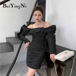 Off Shoulder Dress Women Ruffles Long Sleeve Skinny Party Dresses Spring Autumn French Polka Dot Slash Neck Vestidos 210506