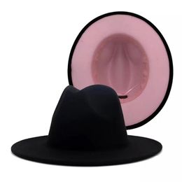 Wide Brim Hats Black Pink Patchwork Wool Felt Jazz Fedora Hat Women Unisex Panama Party Trilby Cowboy Cap Men Gentleman Wedding321Q