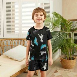 Summer 2-piece Fashionable Cartoon Dinosaur Allover Top and Shorts Set Boy Suits Short-Sleeve T-shirt Clothes 210528