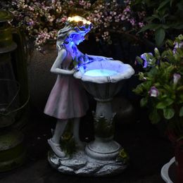 Sol lampor blomma fe staty ljus prydnad utomhus innergård trädgård dekoration harts ängel figur skulptur mikro landskap dekor