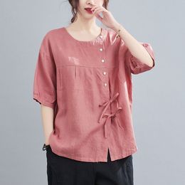 Oversized Women Cotton Linen Casual Shirts New Arrival Summer Vintage Style Solid Colour Loose Female Half Sleeve Tops S3528 210412