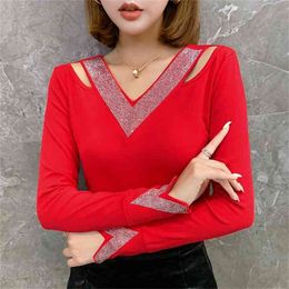 Spring Korean Clothes T-shirt Fashion Sexy V-Neck Hollow Out Diamonds Women Tops Ropa Mujer Cotton Shirt Tees New T03119 210401