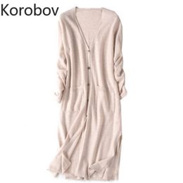 Korobov Korean Single Breasted Long Sweater Women Summer Sleeve Knit Cardigan Pockets Oversize Sueter Mujer 78413 210914