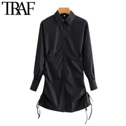 TRAF Women Fashion With Drawstring Tied Pleated Mini Shirt Dress Vintage Long Sleeve Button-up Female Dresses Vestidos 210415
