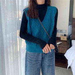Loose Solid Colour V-neck Sweater Vest Female Thin Section High-necked Long-sleeved Bottoming Shirt Women Sets Pullover 210427