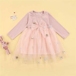 Girl's Dresses 1-4 Year Baby Girls Long Sleeve Dress With Stitching Mesh Bow Waist Sparkling Sequins Little Princess Party For