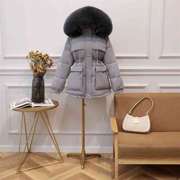 Women Large Real Fur Collar Hooded Parkas Coats Winter White Duck Down Jacket Short Design Slim Warm Overcoat 210430