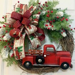 Red Truck Christmas Wreath Rustic Fall Front Door Artificial Garlands Farmhouse Cherries With Ribbon Hanging Festive Wreath 211104
