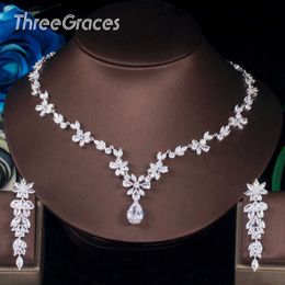 ThreeGraces Elegant Leaf Flower Drop CZ Women Party Costume Jewelry Sets Trendy Bridal Wedding Necklace Earrings TZ541 H1022