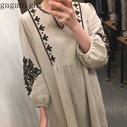 Gaganight Embroidery Vintage Women Maxi Dress Long Sleeves V Neck Casual Loose Fashon Spring Summer Dresses Chic Vestidos Korean 210519