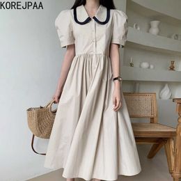 Korejpaa Women Dress Summer Korean Elegant Temperament Lapel Wood Ear Stitching Single-Breasted Sweet Puff Sleeve Vestidos 210526
