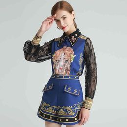 Fashion Set Spring Women's Long sleeve Crystal diamond Sequins Beaded Beauty Print Blouses Tops+ShortsTwo-piece set 210524