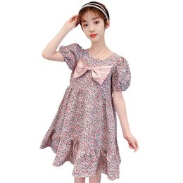 Dress Girl Floral Pattern Girls Party Kids Big Bow Kid Summer Clothes 6 8 10 12 14 210528