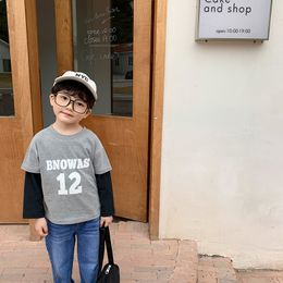 Spring boys letters printed T shirts cotton kids fake two pieces casual long sleeve Tees 1-6Y 210508