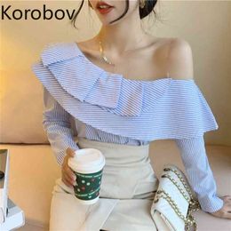 Korobov Korean Chic Women Blouses New Spring Summer Skew Collar Female Shirts Off Shoulder Sexy Ruffles Blusas Mujer 210430