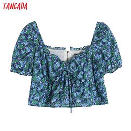 Women Retro Blue Floral Print Crop Short Sleeve Zipper Summer Chic Female Shirt Tops 4H34 210416