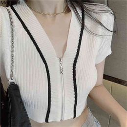 Summer Women Sexy Knitted Crop Cardigan Sweaters Short Sleeve Zipper Tops Black Whiter Ladies Cardigans Korean 210513