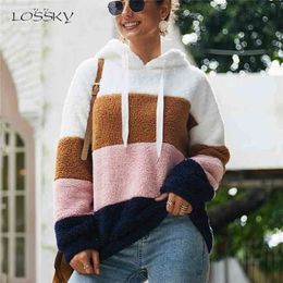 Lossky Women Hoodies Sweatshirt Striped Patchwork Ladies Long Sleeve Pullover Plush Top Autumn Winter Female Warm Clothing 210809