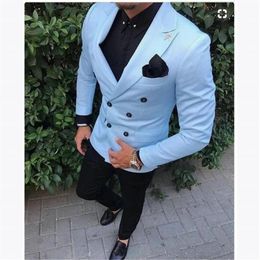 Men's Suits & Blazers Latest Coat Pants Designs Casual Gentleman Double Breasted Men Sky Blue Jacket Beach Wedding Mens Groom Tuxedos