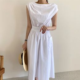 Women Black Bandage Big Pockets Ruffles Long Dress Round Neck Sleeveless Loose Fashion Spring Summer 2F0437 210510