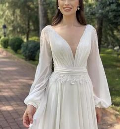 Sexy Beach Boho Plus Size A Line Wedding Dresses Bridal Gown with Long Sleeves Backless Sweep Train Lace Chiffon vestidos de novia