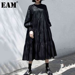 [EAM] Women Black Big Size Casual Pleated Dress Round Neck Long Sleeve Loose Fit Fashion Spring Summer 1DD8475 21512